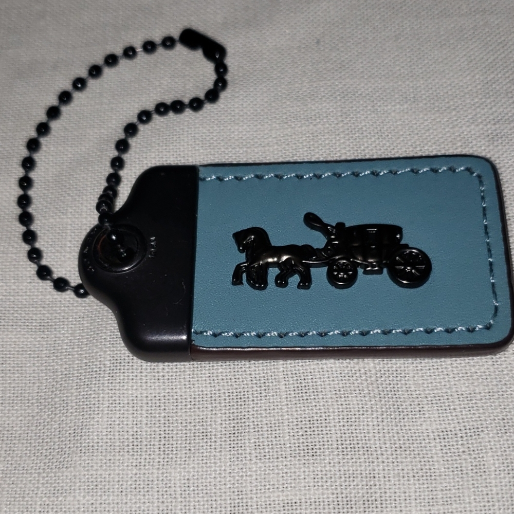Coach Leather/Metal horse & carriage fob/ tag blue